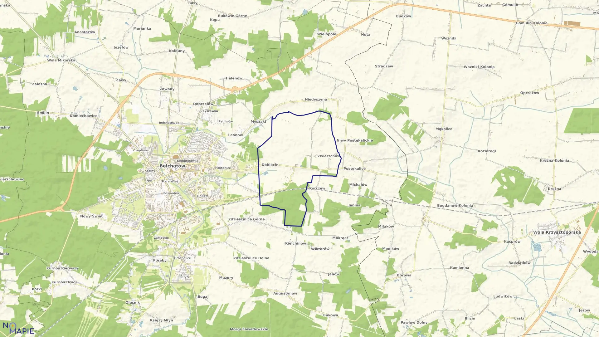 Mapa obrębu DOBIECIN w gminie Bełchatów