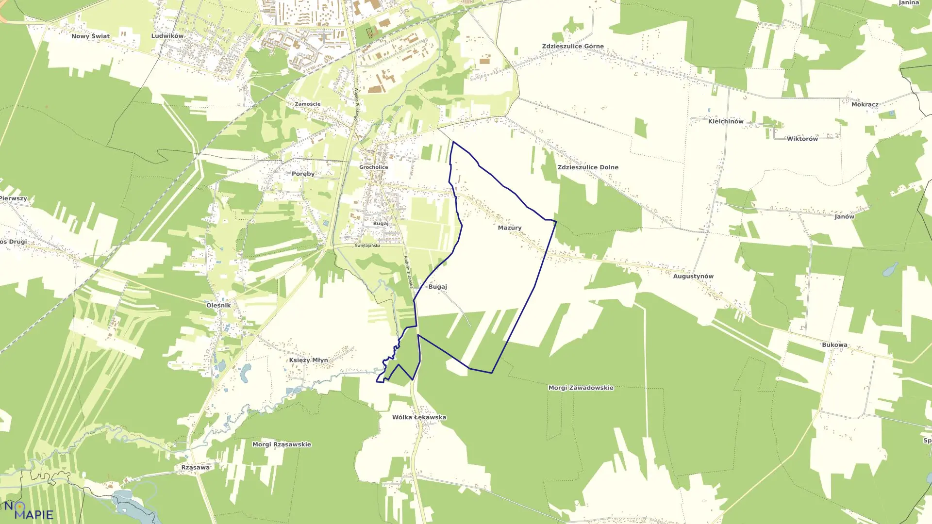 Mapa obrębu MAZURY w gminie Bełchatów