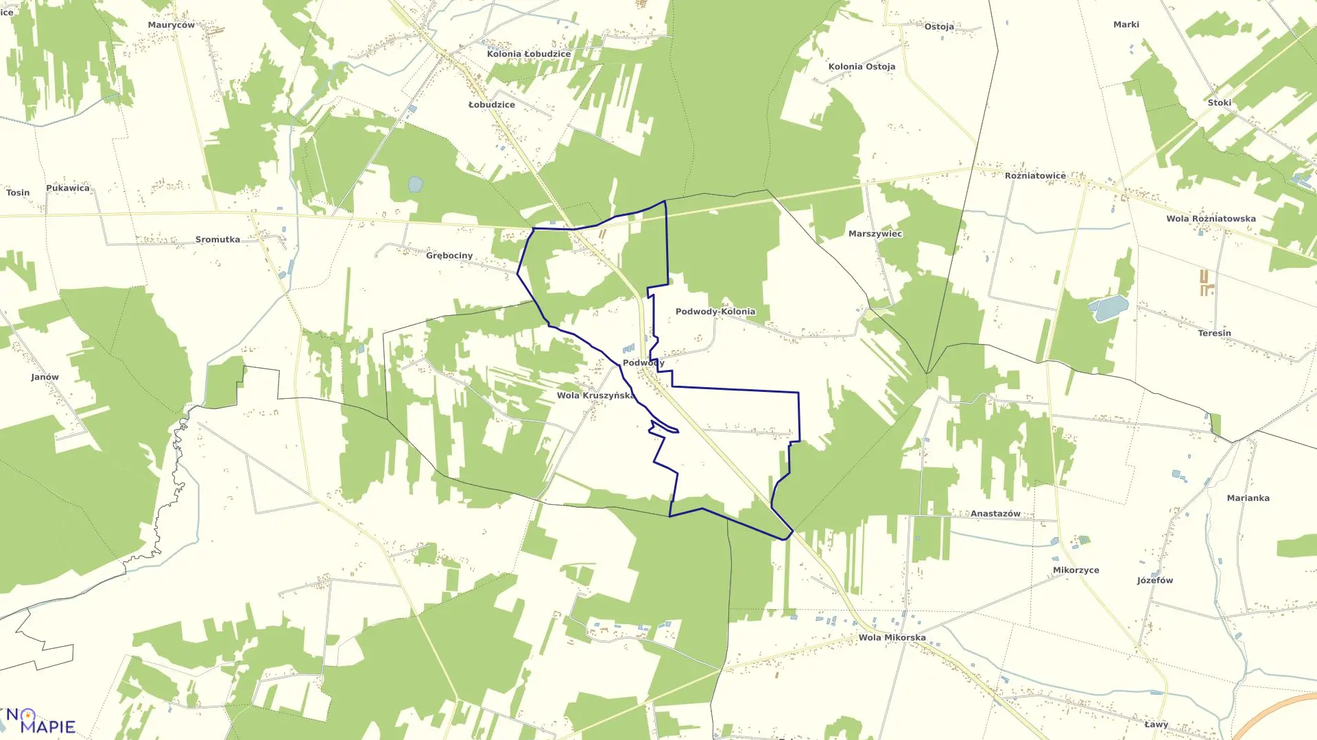 Mapa obrębu PODWODY w gminie Bełchatów