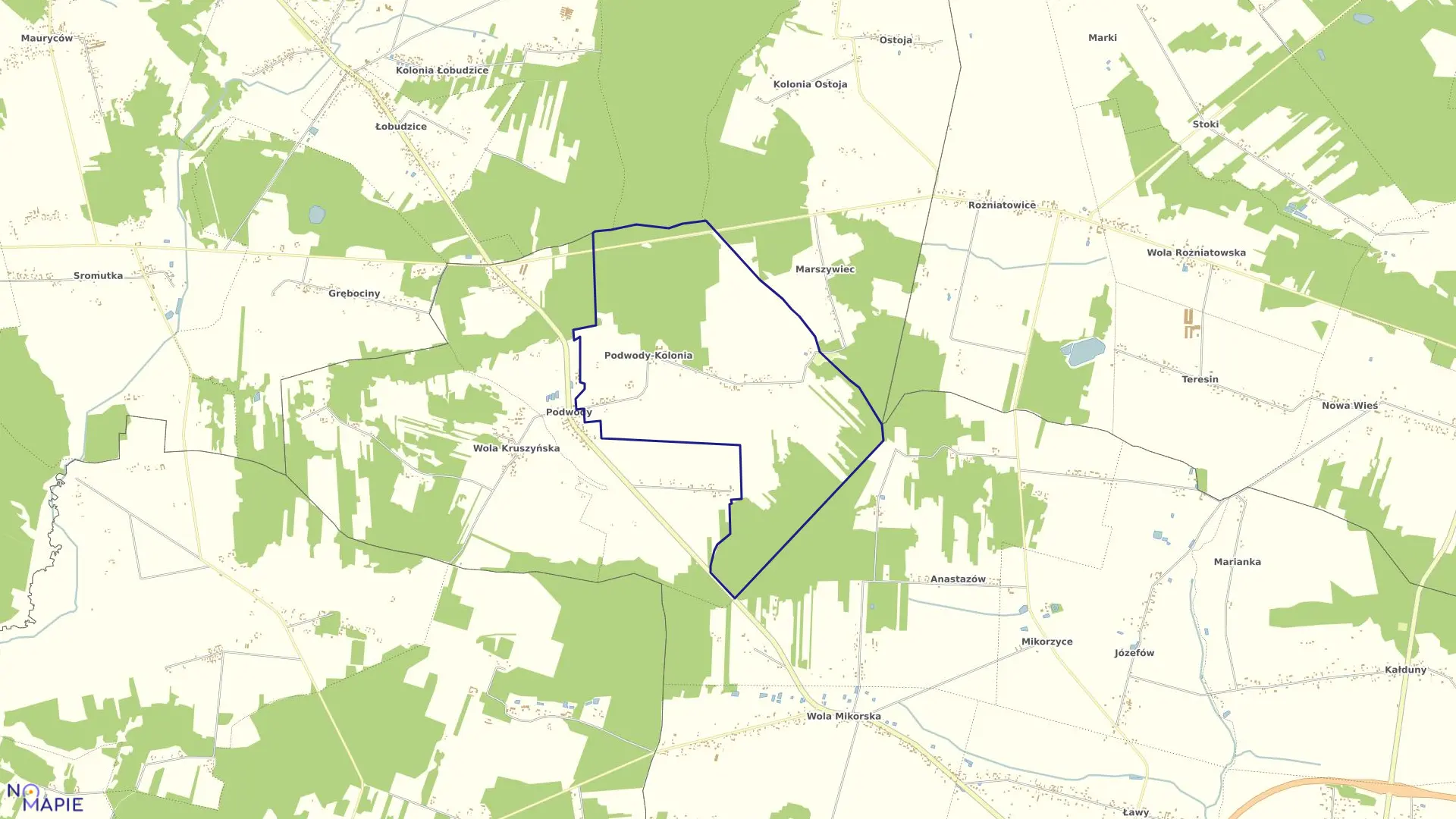 Mapa obrębu PODWODY KOLONIA w gminie Bełchatów